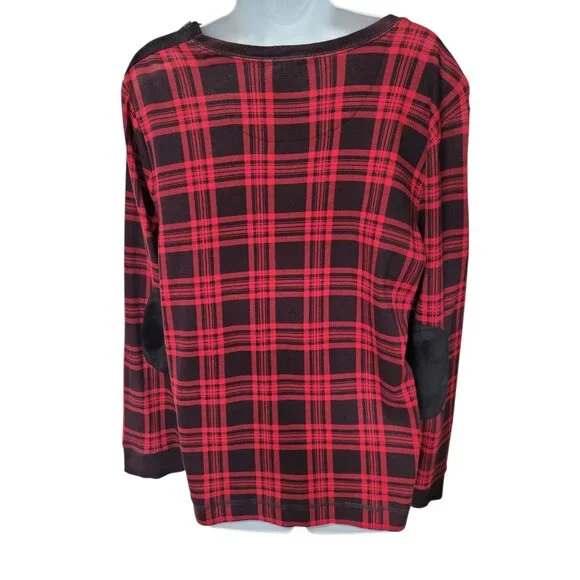 Ralph Lauren Jeans Co Top Shirt Womens 1X Red Black Plaid Elbow Patches Zipper - Picture 3 of 11
